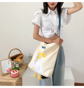 Cute yellow duck canvas shoulder bag large capacity casual shopping tote bag for women.
