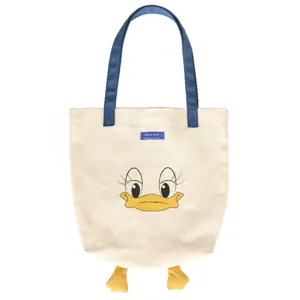 Large capacity canvas tote bag with cute cartoon duck embroidery and blue shoulder straps.
