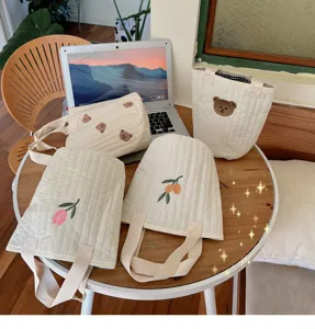 Cute quilted embroidered tote bag, stylish cotton lunch bento bag and daily storage pouch.