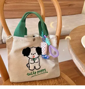 Cute corduroy tote bag with embroidered puppy design, spacious casual handbag for daily use.
