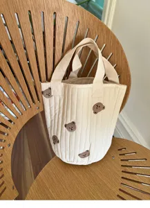 Cute quilted bear embroidery bucket bag, mini portable lunch tote, soft infant stroller storage bag.