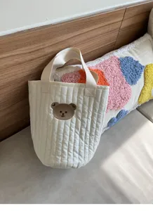 Cute quilted canvas tote bag with brown bear embroidery, compact bucket bag for daily use.