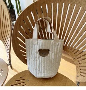 Cute quilted bear tote bag, small canvas bento handbag and daily storage bucket bag for women.