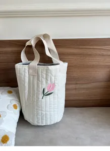 Cute quilted bucket bag with sweet tulip embroidery, perfect daily handbag and organizer.