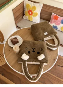 Süße braune flauschige Handtasche mit Bärchen Design, weiche Sherpa Tasche für Damen.