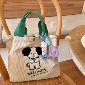 Cute Corduroy Embroidered Handbag Large Capacity Lunch Bag Student Versatile Fashion Mummy Tote Bag With Tulip Puppy Pattern
