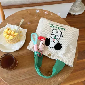 Cute corduroy embroidered handbag with green handles, casual daily bento and lunch bag.