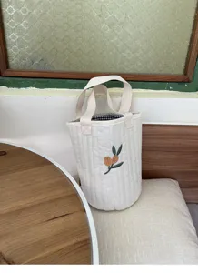 Quilted embroidered canvas bucket bag, cute lunch handbag and storage tote for daily use.