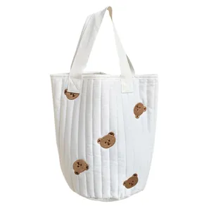 Cute quilted bucket bag with sweet bear embroidery, casual white canvas tote handbag for daily use.