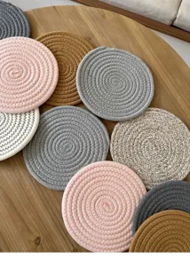 Thick woven cotton coasters set, stylish heat-resistant table mats for dining kitchen.