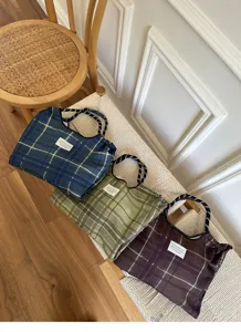 Korean ins style plaid canvas tote bag casual large capacity shoulder bag for women daily use