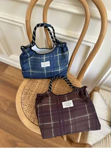 Detailed view of casual plaid fabric cradle bag, large capacity shoulder and tote bag.