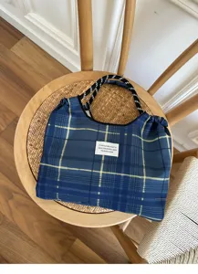 Casual Korean style plaid canvas shoulder bag, large capacity cradle tote bag for daily use.