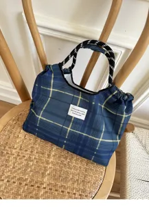 Blue plaid fabric shoulder bag with rope handles, casual tote cradle bag for spring.