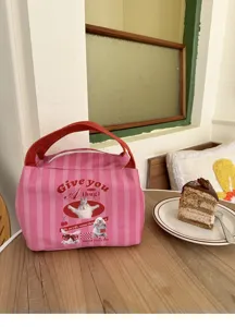 Rosa gestreifte Leinwand Lunchtasche Detail, niedliches Kaninchen Print Design, praktischer Griff