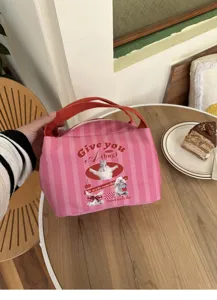 Isolierte Lunchtasche Leinwand rosa gestreift Bento Handtasche tragbare Damen Aufbewahrungstasche