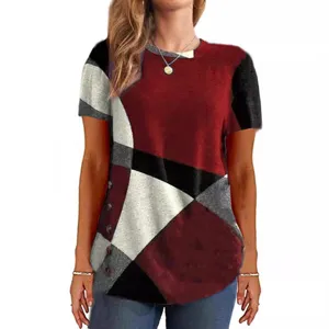 Damen geometrisches Farbblock Kurzarm T-Shirt Freizeit Rundhals Oberteil mit Knopf.