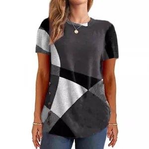 Damen Kurzarm T-Shirt mit geometrischem Farbblock und Rundhalsausschnitt seitlichen Knöpfen