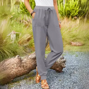 Women Grey Casual Cotton Linen Trousers Drawstring Elastic Waist Pockets Cuffed Pants