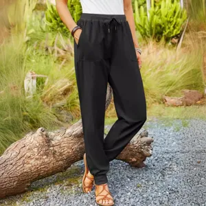 Women casual black trousers with elastic waist and pockets, comfortable daily outdoor wear.