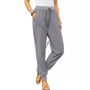 Women grey casual cotton linen joggers trousers with elastic drawstring waist and pockets.