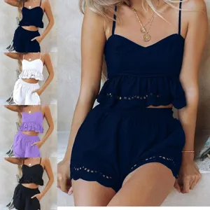 Ensemble Pyjama Femme Sexy avec Haut Court à Bretelles en Dentelle et Short Été Casual Sans Manches Vêtement de Nuit