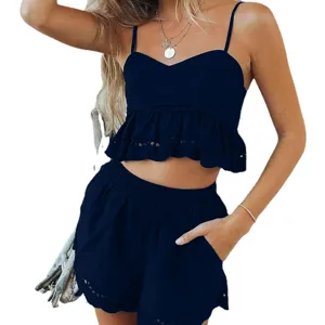 Femme ete bleu marine caraco crop top et short a volants ensemble deux pieces sexy.