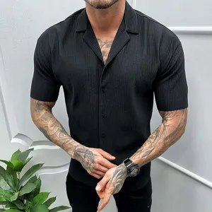 Camicia uomo casual maniche corte nera in tessuto a costine con bottoni estate top