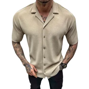 Uomo Casual Colore Unito Plissettato Manica Corta Camicia Estate Cardigan Top Moda
