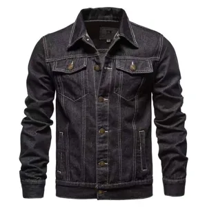 Men's casual dark denim jacket solid color lapel long sleeve fashion streetwear outerwear