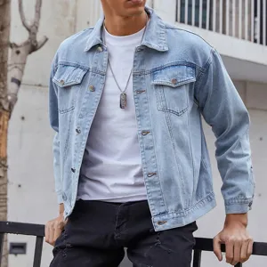 Men's Casual Denim Jacket Long Sleeve Lapel Button Down Cardigan Regular Fit Solid Color Cotton Outerwear For Daily Wear