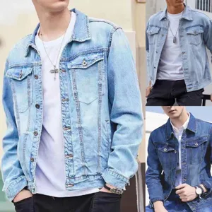 Mens casual denim jacket loose fit spring autumn vintage cotton long sleeve outerwear top