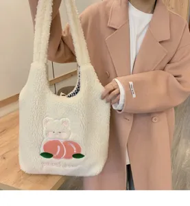 Cute plush shoulder bag for women, autumn winter fuzzy tote bag with sweet peach and bear embroidery.