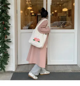 Fluffy white shoulder bag with cute peach and bear embroidery, large capacity winter bag.