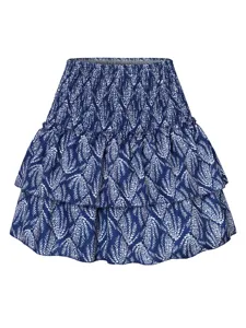 Minigonna a balze con stampa blu e bianca donna estate vita alta elasticizzata arricciata.