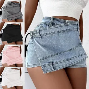 Short-Jupe en Denim Irrégulier à Taille Haute pour Femme Été Décontracté Jupe Courte Trapèze Bouton Short en Denim
