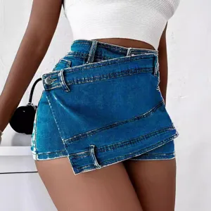 Short en jean asymétrique taille haute pour femme, élégante jupe short tendance d'été.
