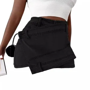 Femme taille haute asymetrique short jupe en jean noir ete mode fashion chic design