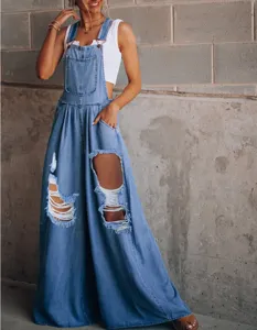 Women casual loose distressed denim overalls, wide leg ripped jeans jumpsuit for autumn.