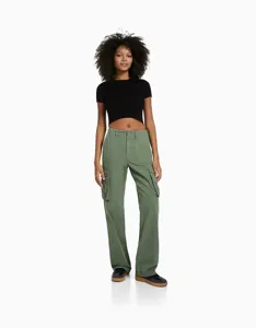 Damen High Waist olivgrüne Cargohose stilvolle lässige Streetwear Hosen mit Taschen