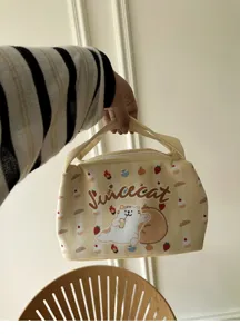 Isolierte Mittagessen Tasche mit süßem Katzenmotiv, gelbes gestreiftes Design für Alltag.