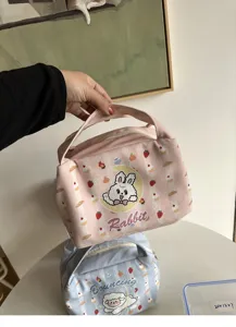 Rosa isolierte Lunchtasche für Damen, süße Hasenstickerei Bento Tasche mit Griff für Arbeit.