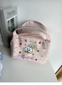 Süße rosa Leinen-Lunchtasche mit Hasen- und Erdbeermuster, ideal für Büro und Alltag.