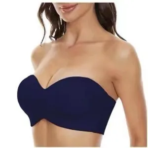 Vue détaillée du soutien-gorge bandeau sans bretelles en bleu foncé, maintien confortable.