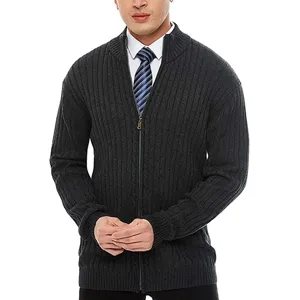 Men's dark gray zip-up cardigan sweater detail, ribbed knit fabric, classic casual winter menswear.