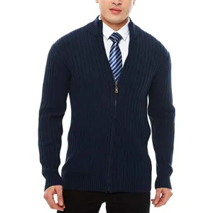 Mens Navy Blue Full-Zip Ribbed Knit Cardigan Sweater Detailed View with Lapel Collar.