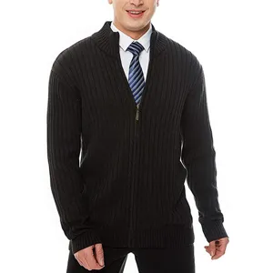 Men's black full-zip knit cardigan sweater featuring a ribbed collar and long sleeves for daily wear.