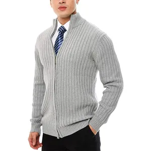 Men's grey ribbed knit full-zip cardigan sweater with collar detail for cozy daily wear.
