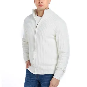 Detailed view of men's white ribbed full-zip knit cardigan sweater, fine texture and fit.
