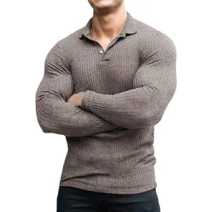 Heren lang mouw geribd polo shirt slim fit casual sportkleding effen kleur mode top.